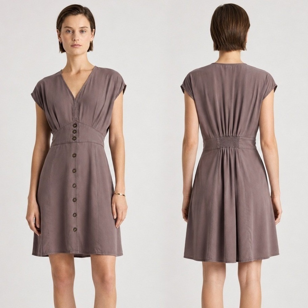 Quince Vintage Wash Tencel Button Front Dress XL Taupe Brown Lyocell V Neck Knit